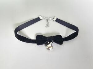 Vintage 90s Black Velvet Bow Choker Necklace Bell Y2K Goth Witchycore Cat Collar